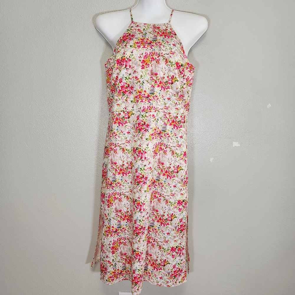Alaxia Admore Womens Dress Size Medium Pink Green Floral Midi Spaghetti Straps